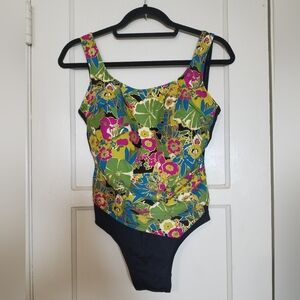ALICIA SIMONE tankini Black Green Pink Gold Floral One Piece  Swimsuit Size 10